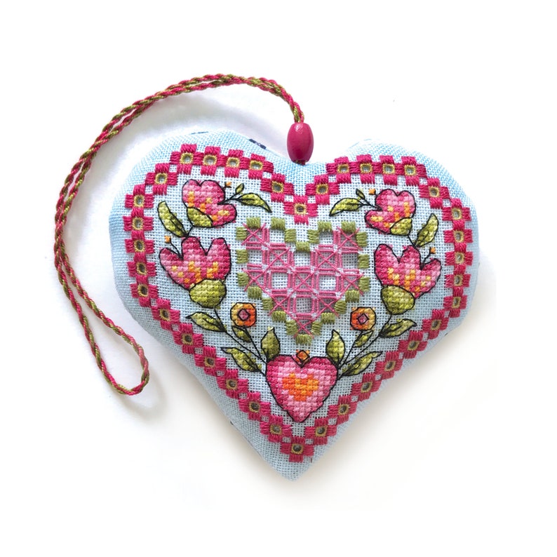 Bright Floral Heart Ornament Cross Stitch And Hardanger Pattern Durene J Cross Stitch DJE1055 image 1