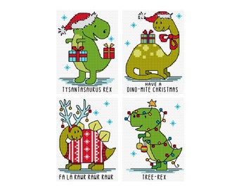 Dino Kerstmis - Set van 4 - Durene J Cross Stitch - DJXS2462