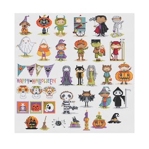 Puede incluir: Un patrón de punto de cruz con varios iconos temáticos de Halloween, incluyendo niños disfrazados, fantasmas, calabazas, calaveras, un gato negro, una araña, una escoba y una pancarta con el texto Happy Halloween en letras pixeladas.