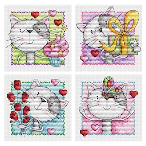 Chat de voeux - Patron PDF point de croix - Lot de 4 - Durene J Cross Stitch