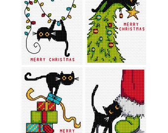 Black Cat's Christmas - Set of 4 - Durene J Cross Stitch Pattern - DJXS2500