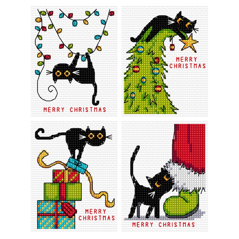 Black Cat's Christmas Set of 4 Durene J Cross Stitch Pattern DJXS2500 image 1