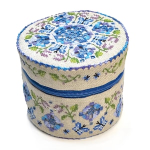 Può includere: Una scatola rotonda in tessuto color crema con una cerniera blu. La scatola è decorata con un motivo floreale blu e bianco e un design a farfalla blu.