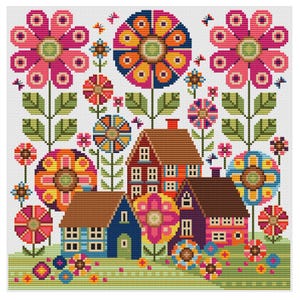 May include: A cross-stitch design showing colourful houses and large flowers in pink, orange, blue, and purple. Green leaves and stems support the flowers, with butterflies scattered throughout. The houses have brown roofs and are set against a white background.