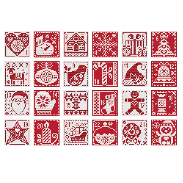 Red And White Christmas Advent Calendar - Set of 24 - Durene J Cross Stitch Pattern - DJXS2430