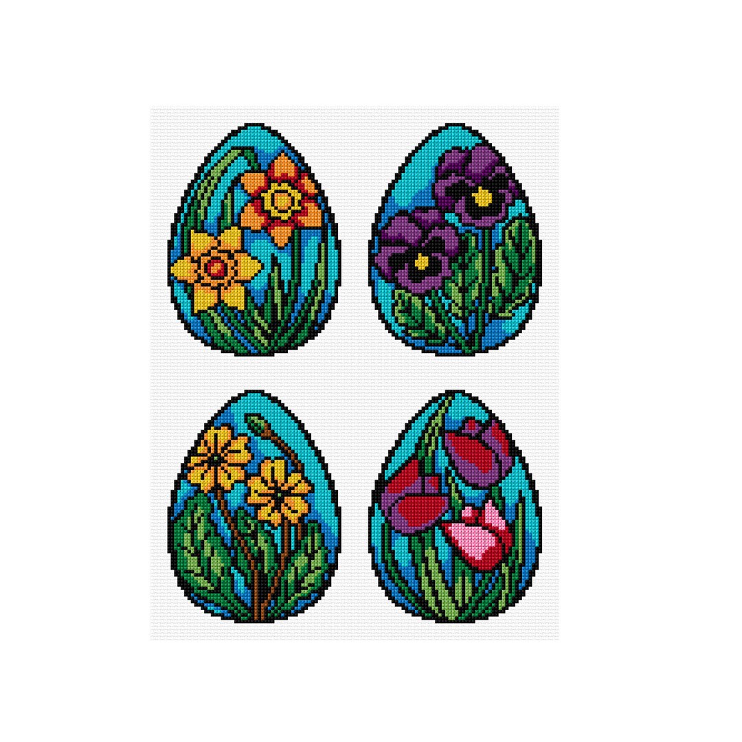 Floral Stained Glass Eggs Set of 4 Durene J Cross Stitch Pattern