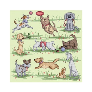 May include: A colorful illustration of nine dogs playing in a grassy field. The dogs are all different breeds and sizes, and they are doing various activities, such as playing fetch, chasing a ball, and running around. The background is a light green color with small flowers.