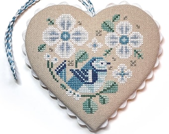 Winter Bird Heart Ornament  -  Durene J Cross Stitch PDF Pattern