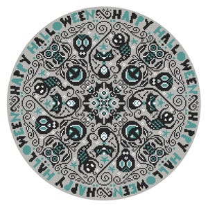 May include: A circular design with a gray background and black and teal accents. The design features skulls, cats, and bats. The words "Happy Halloween" are repeated around the edge of the design.