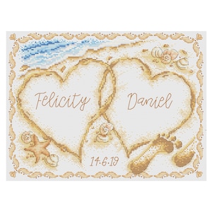 May include: A cross-stitch design featuring two intertwined hearts with the names "Felicity" and "Daniel" inside. The hearts are surrounded by a decorative border and the date "14-6-19" is written below.