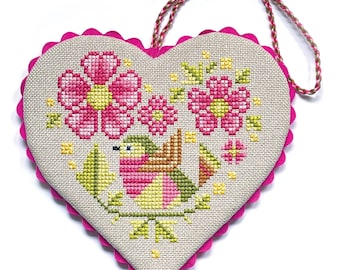 Summer Bird Heart Ornament  -  Durene J Cross Stitch Pattern