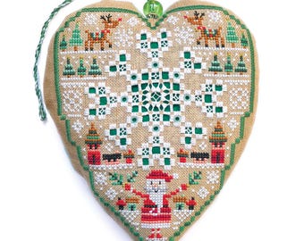 Santa Heart Ornament - Cross Stitch And Hardanger PDF Pattern - Durene J Cross Stitch