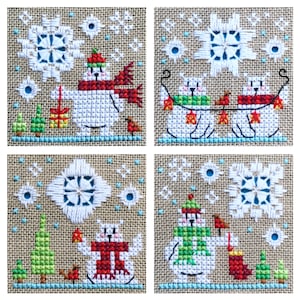 Besneeuwde ijsberen - Set van 4 - kruissteek en hardangerpatroon - Durene J Cross Stitch - DJE1061