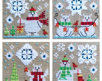 Ours polaires enneigés - Ensemble de 4 - Point de croix et motif Hardanger - Durene J Cross Stitch - DJE1061