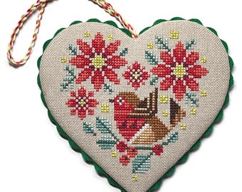 Christmas Bird Heart Ornament  -  Durene J Cross Stitch PDF Pattern