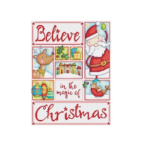 May include: A colorful cross-stitch pattern with a Christmas theme. It features a reindeer, Santa Claus, a bird, and the words "Believe in the magic of Christmas".