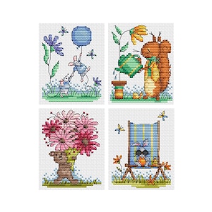Animali nel giardino - Set di 4 schemi - Schema punto croce Durene J - DJXS2518