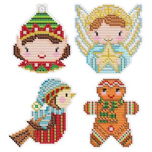 May include: Four colourful cross-stitch Christmas ornaments. The ornaments include an elf, an angel holding a star, a bird, and a gingerbread man. Each ornament has a white background and is made with various colours of thread.