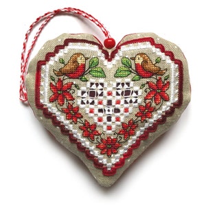 Poinsettia Heart Ornament - Cross Stitch And Hardanger Pattern - Durene J Cross Stitch - DJE1062