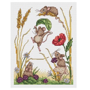 May include: A cross-stitch pattern featuring four brown mice in a field of wheat, red poppies, white daisies, and purple berries. One mouse holds a large green leaf, another sits on wheat, one sits on berries, and one stands among the flowers.