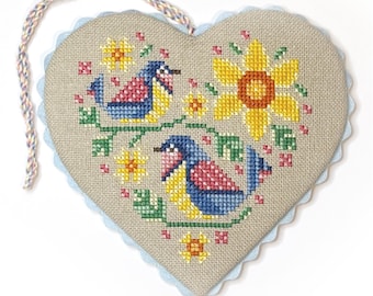 Spring Bird Heart Ornament  -  Durene J Cross Stitch PDF Pattern