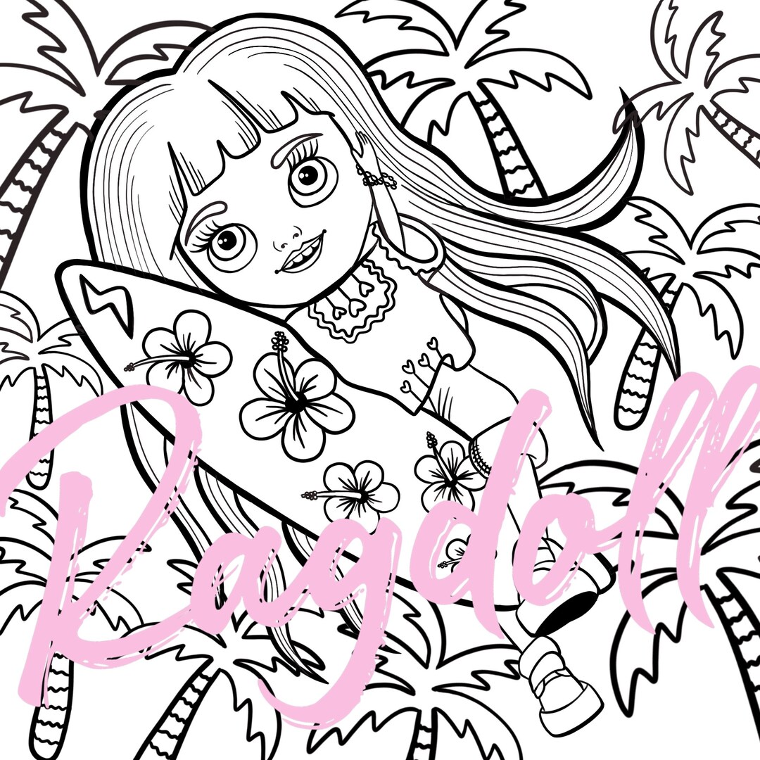 Colouring Page PRINTABLE Surfer Girl Surf Board Doll Colouring Page ...