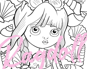 Colouring Page PRINTABLE Shells Holiday Doll colouring page. Blythe doll inspired. Kawaii. Cute. Kids art. Kids colouring page.