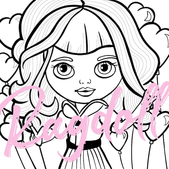 Dibujo para colorear IMPRIMIBLE Dibujo de muneca con globo de corazon para colorear. Muneca Blythe inspirada. Kawaii. Lindo. Arte infantil. Coloracion para adultos. Pagina para colorear. Etsy Espana