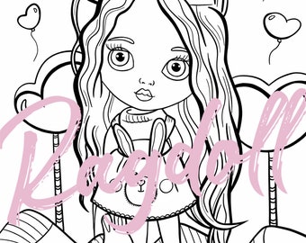 Colouring Page PRINTABLE Heart Balloons Sleepy Kitty. Blythe doll inspired. Kawaii. Cute. Kids art. Adult Colouring. Coloring Page.