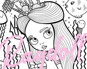 Colouring Page PRINTABLE Mermaid Doll colouring page. Blythe doll inspired. Kawaii. Cute. kids art. Adult Colouring. Coloring Page.