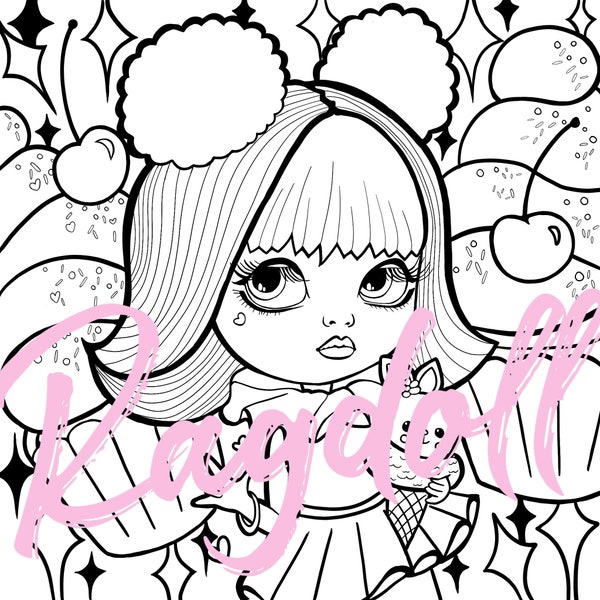 Colouring Page PRINTABLE Cupcake Doll colouring page. Blythe doll inspired. Kawaii. Cute. Adult Colouring. Coloring Page.