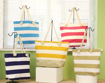 Extra Large Canvas Tote Bag-Beach Bag-Travel Picnic Gym Navi and White Stripes