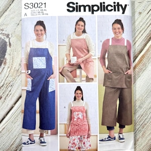 Women’s Apron Pants Size 4-22 (XS-XL) Bibs, Pockets, ties, loops, slit skirt, X back straps. Paper Sewing Pattern Simplicity. New Uncut 3021