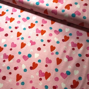 Heart Toss Pink Super Snuggle Flannel Fabric. Pop Joann 100% cotton Brushed softness. Rare OOP girl love red white teal nursery cute fun