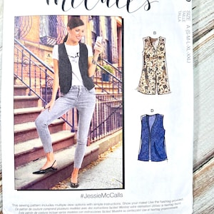 May include: McCall's sewing pattern M8050 featuring a woman wearing a vest and jeans. The pattern includes multiple view options with simple instructions. The size range is S-XXL.