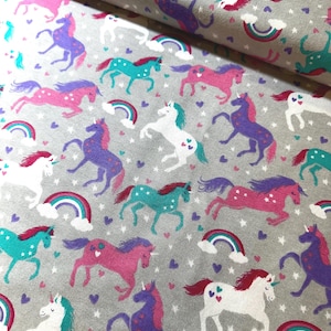 Unicorn stars and hearts rainbows on gray Super Snuggle Flannel Fabric. Joann Fabrics. 100% cotton Brushed for softness. Rare OOP girl pink