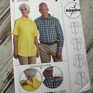 Unisex Adaptive Shirt button up Velcro pockets XS-XL, Paper Sewing Pattern Simplicity easy to sew. Men women Adult handicap, New Uncut. 9487