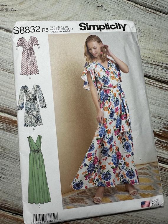 Womens Plus Pullover Flowy Dress w/ tie belt sizes 14-22. Paper Sewing  Pattern Simplicity. V neck. Ruffle sleeve. Misses New Uncut. 8832