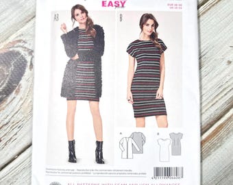 May include: A white Burda Style sewing pattern envelope featuring two dress designs. The envelope includes the text "super easy" and "Jacket & Dress". The dress designs are striped in black, red, and white. The size range is EUR 36-56 and US 10-24.