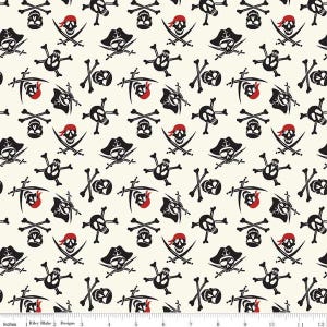Pirate Tales Skulls Cream Riley Blake Fabric by the yard. Skull And Bones Pirate Black Red White Fabric. Bandana treasure hunt costume patch