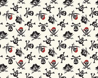 Pirate Tales Skulls Cream Riley Blake Fabric by the yard. Skull And Bones Pirate Black Red White Fabric. Bandana treasure hunt costume patch