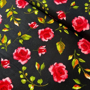 Watercolor Rose pink red on black Super Snuggle Flannel Fabric by the yard. Joann OOP Rare 100% cotton Brushed for softness. Sewing material