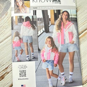 May include: A sewing pattern for a jacket, titled "knowME" by Mimi G, in pink and white. The pattern includes size A, from small to extra-large. The cover shows images of the jacket on a woman and a child. The pattern is designed and printed in the USA.