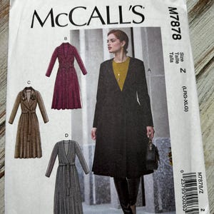 May include: A sewing pattern for a long, belted coat with a V-neckline. The pattern includes four different views: a burgundy coat, a brown coat, a gray coat, and a black coat. The pattern is for sizes LRG-XLG and is McCall's pattern number M7878.