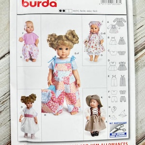 May include: A Burda doll clothes pattern packet featuring images of dolls in different outfits. The packet includes the number 8308, and measurements of 30-35 cm and 40-45 cm. The text "ALL PATTERNS WITH SEAM AND HEM ALLOWANCES" is also visible.
