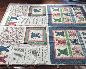 Little Quilts Bunny Flowers Fabri Quilts- 2 Panels to make pillows & blanket, Rabbit Vintage Cheater pillow quilt fabric 34”x44” Estate #668