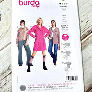 May include: A sewing pattern package from Burda Easy, featuring images of women's jackets and dresses. The package includes size information in US sizes 8-22 and European sizes 34-48. The package has the text "super easy" and "6024".