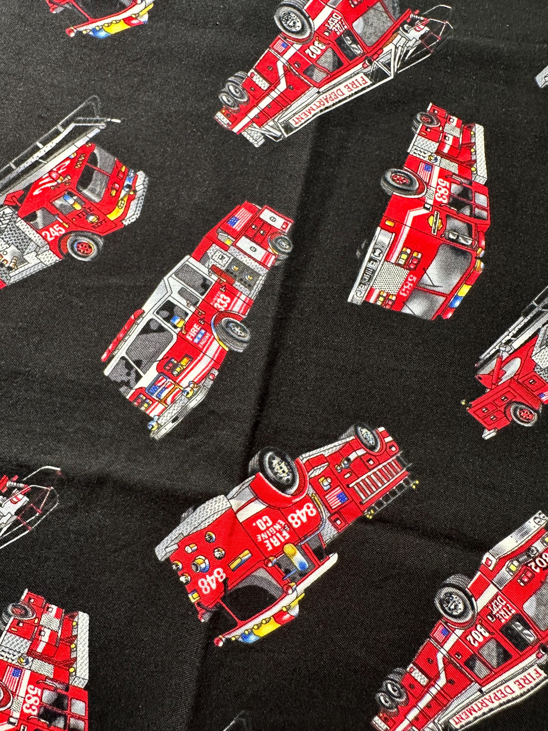Firetrucks black & red. Fire Engine Trucks Fireman Timeless Treasure Fabric cotton OOP Rare Vintage rescue vehicle fun. 11”x41” Estate #691