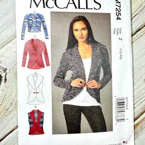 May include: McCall's sewing pattern M7254 featuring a woman wearing a jacket. The pattern includes illustrations of different jacket styles, with the McCall's logo at the top. The pattern is size Z (Lrg-Xlg) and designed and printed in the USA.