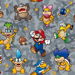 以下が含まれることがあります： スーパーマリオブラザーズのビデオゲームフランチャイズのさまざまなキャラクターをフィーチャーしたカラフルなパターン。キャラクターには、マリオ、ルイージ、クッパ、さまざまなクッパなどがあります。背景はグレーとホワイトの迷彩パターンです。